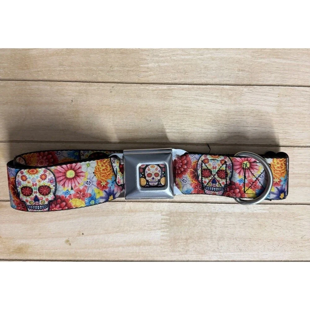 Sugar Skull Starburst Seatbelt Buckle Dog Collar 20-31” Black Multicolor 1.5”
